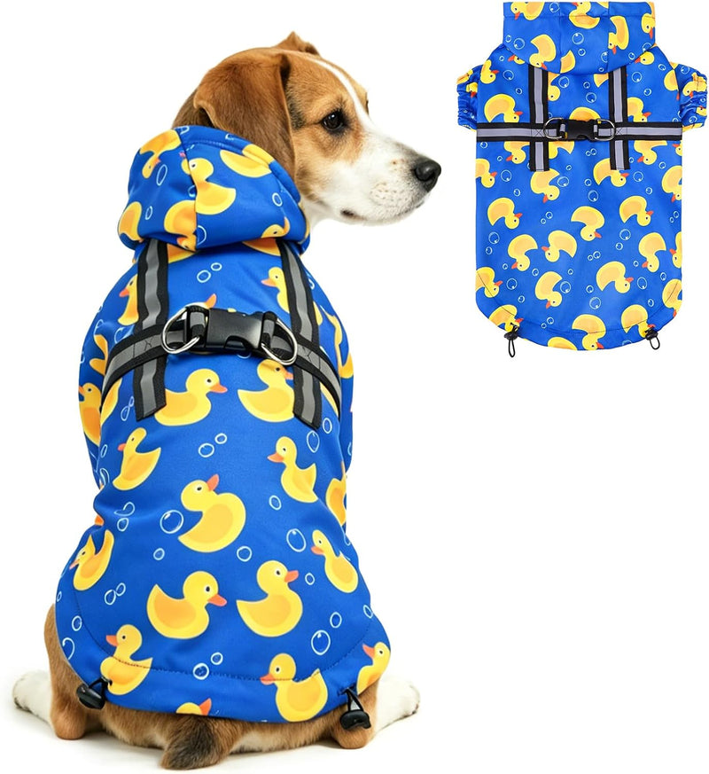 PUPTECK Dog Raincoat with Hood & Harness Built-in - M (Back 15", Chest 22.5", Neck 16") / Blue