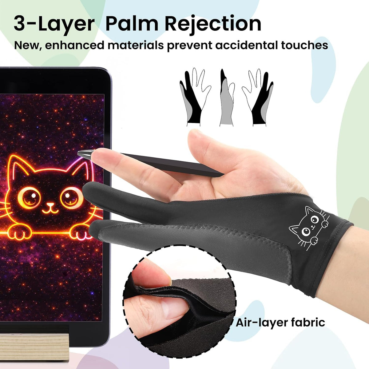 Artist Drawing Glove: 3-Layer Palm Rejection for iPad & Drawing - Midnight Kitty(2 Pack) / Medium - image 3