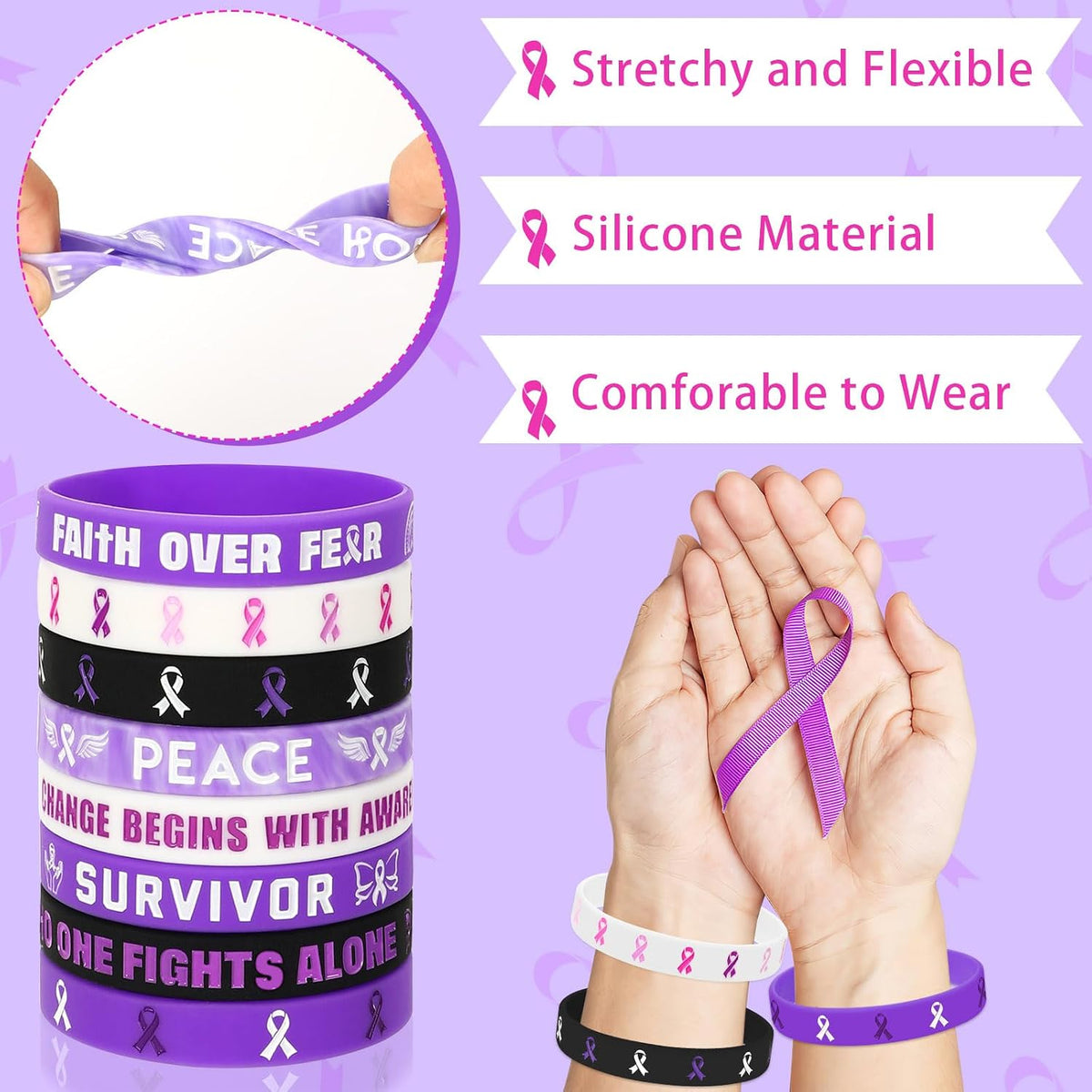 JUNEBRUSHS 64pcs Halloween Party Favors Silicone Bracelets Rubber - Purple Ribbon Awareness Style - image 4