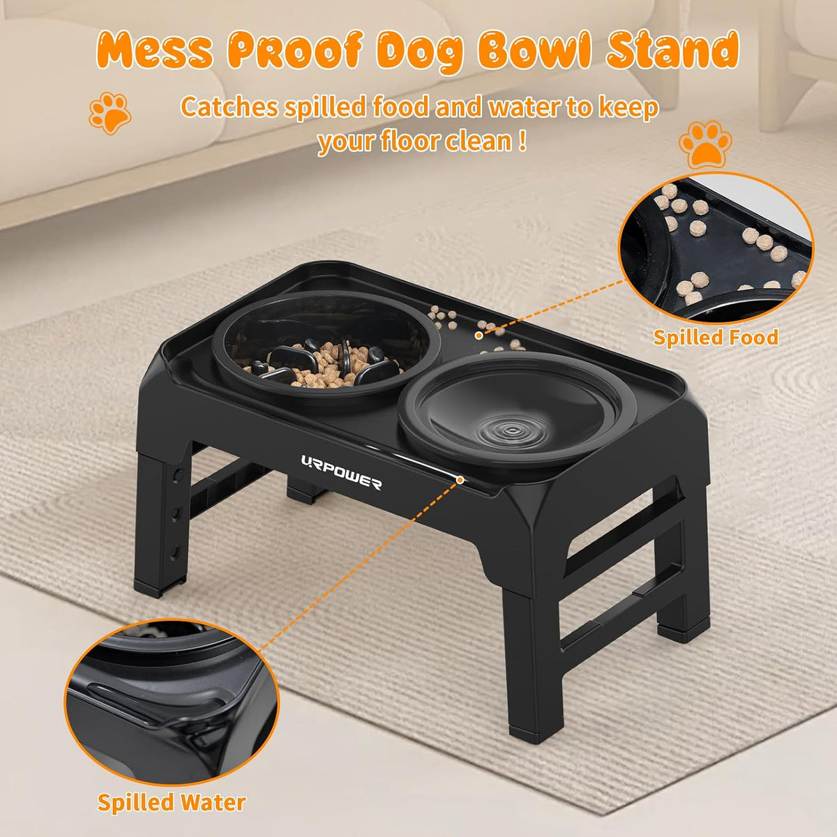 URPOWER Raised Dog Bowls 4 Height Adjustable Elevated Bowl Stand – Essentials for Dogs - Matte Black - image 4