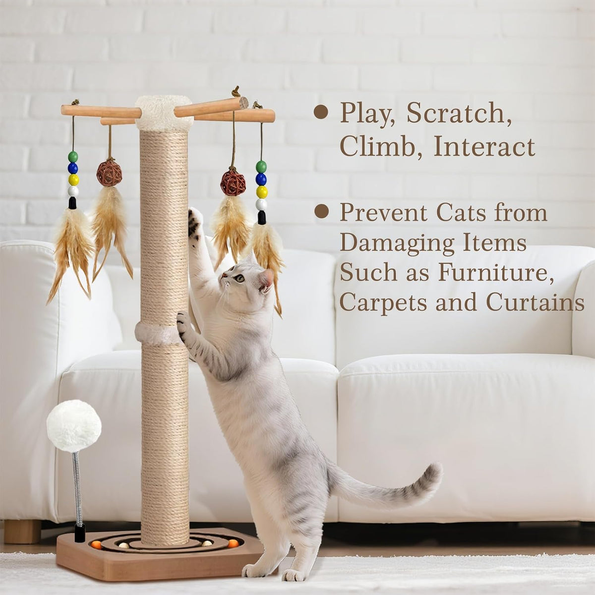 Cat Scratching Post, Sisal Scratcher with Enrichment Toys for Indoor Cats – Essentials for Cats - 25 Inches Tall / Double Track - image 4