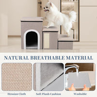 Dog Steps for Bed and Couch, 17”H Foldable Dog Stairs for Small Older Dogs Cats, Adjustable Pet Cat Stairs Ramps with Storage with Condo, Scratcher, Hold Up to 180LBS, Pet Cat Steps Beige