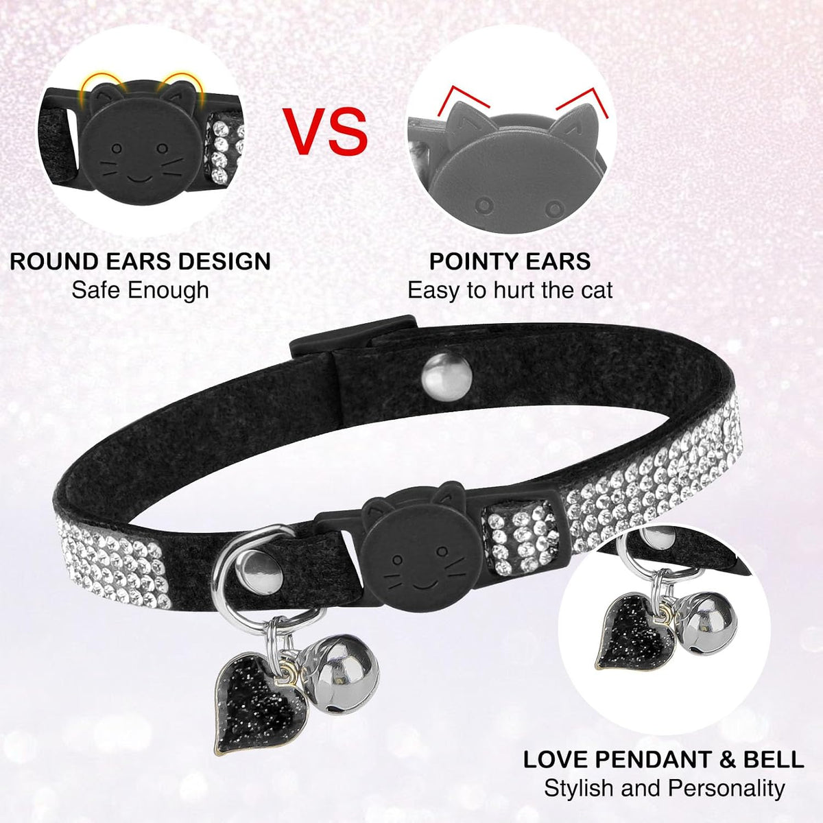 Rhinestone Cat Collar Breakaway, Bling Sparkly Diamond - Black / 7"-9" For Cats - image 2