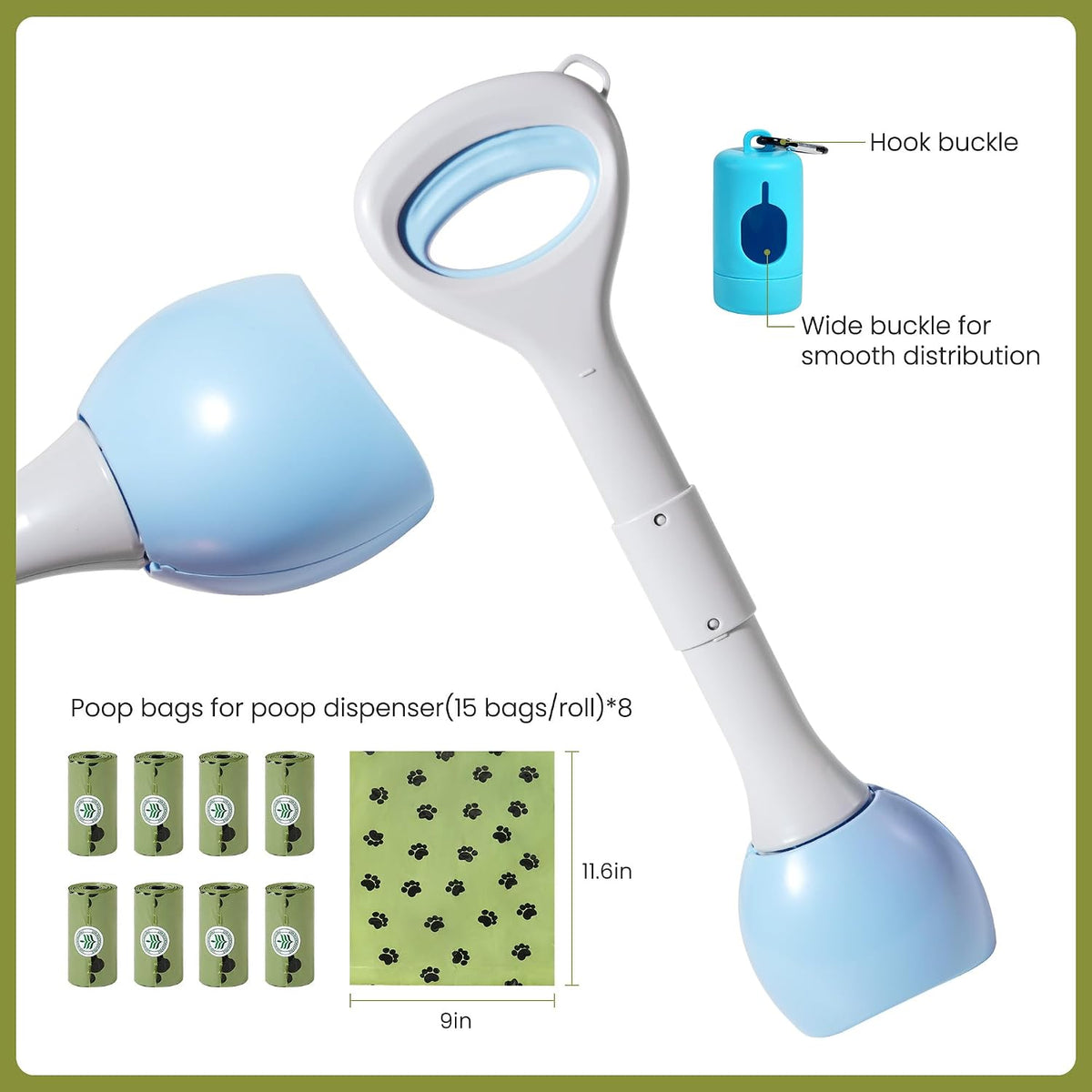Dog Pooper Scooper Portable with Bag Attachment - Blue + 120 garbage bags + dispenser - image 2