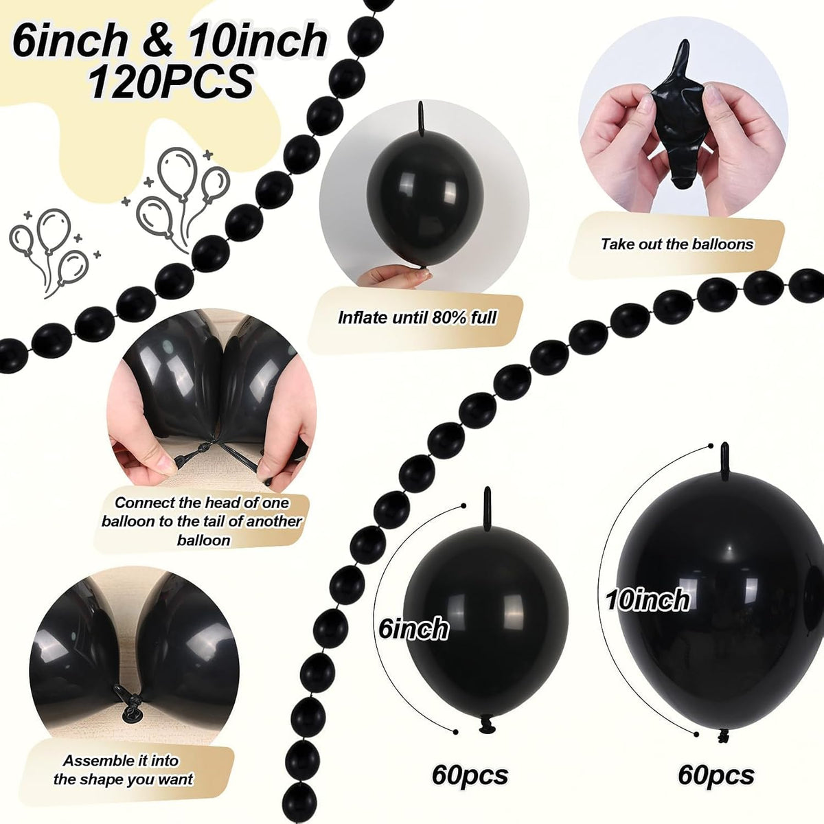 Pearl White Linking Balloons for Wedding Bride Shower Mermaid Party - Black / 6+10 inch - image 2
