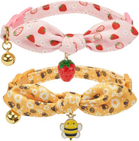 Cotton Bowtie Cat Collar with Bell 2 Pack Adjustable Breakaway Kitten - Bee + Strawberry / 7.5-11.4 Inch (Pack of 2)