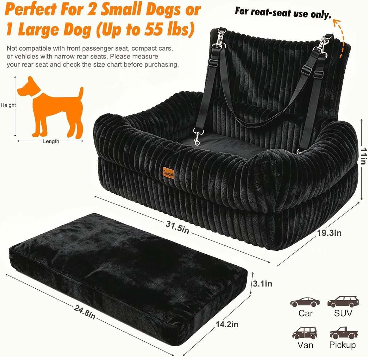 Pawaboo Dog Car Seat Bed, Memory Foam Booster for Medium/Large Dogs, Beige – Essentials for Dogs - Black - image 3