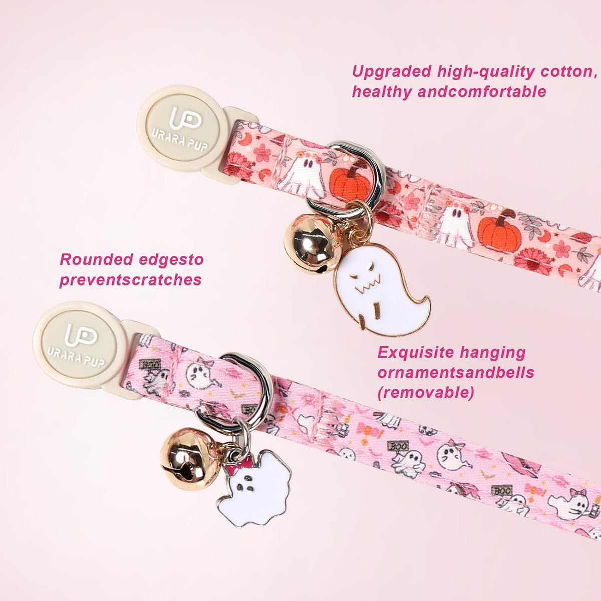 Halloween Cat Collar-2Pack Autumn Pumpkin Kitten Collars-Funny - Floral Ghost Pumpkin & Pink Ghost Party - image 4