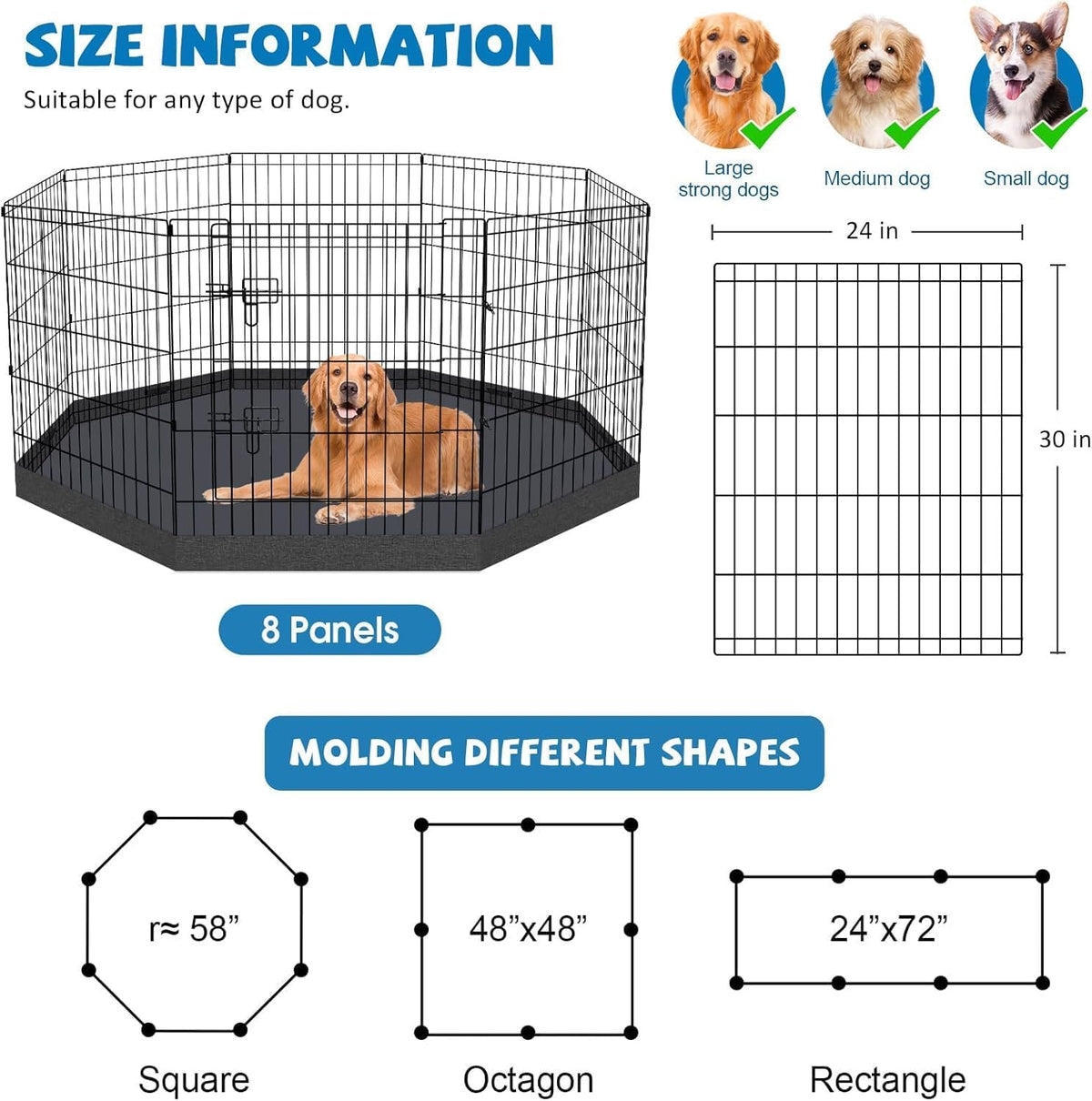 Puppy Pet Playpen 8 Panel 24 Inch Indoor Outdoor Metal Portable - 30"H x 24"W, 8 Panels with Octagonal Bottom Pad - image 2