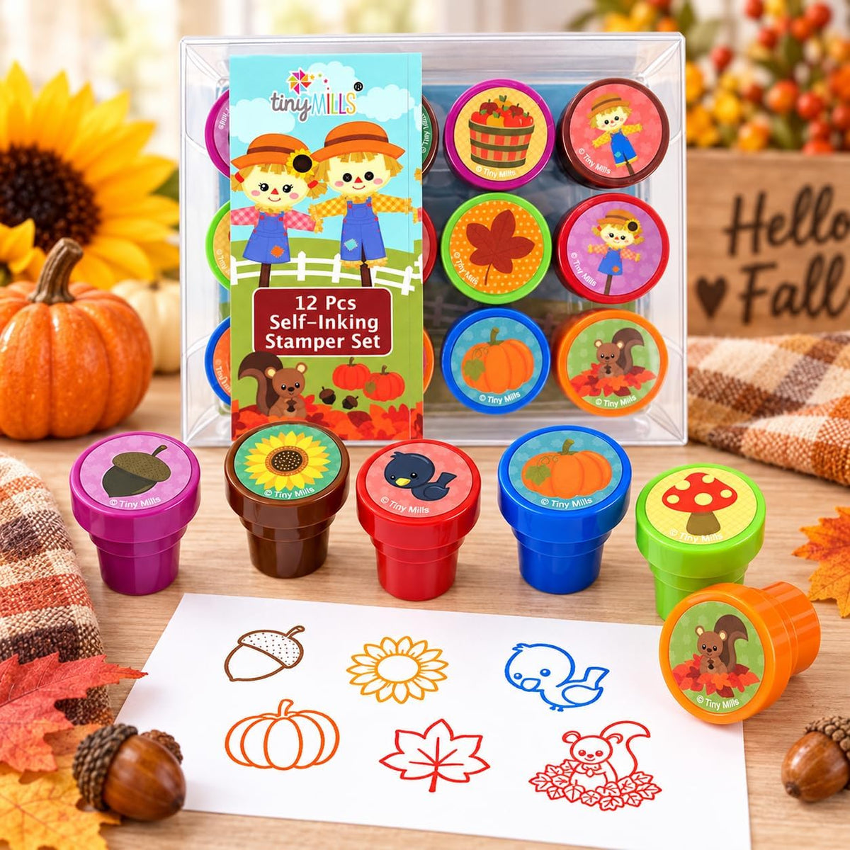 TINYMILLS 12 self-inking Thanksgiving stamps for kids with pumpkin and fall leaf designs - view 2