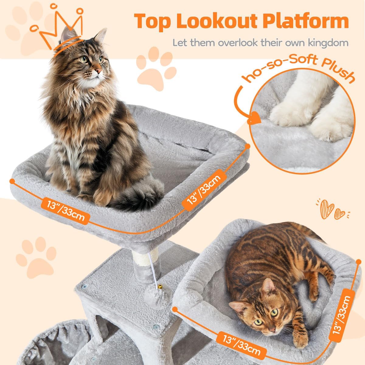 Taoqimiao Cat Tree, 67 in Tall Cat Tower with 2 Plush Cat Condos – Essentials for Cats - 73 inches / Light Gray - image 4