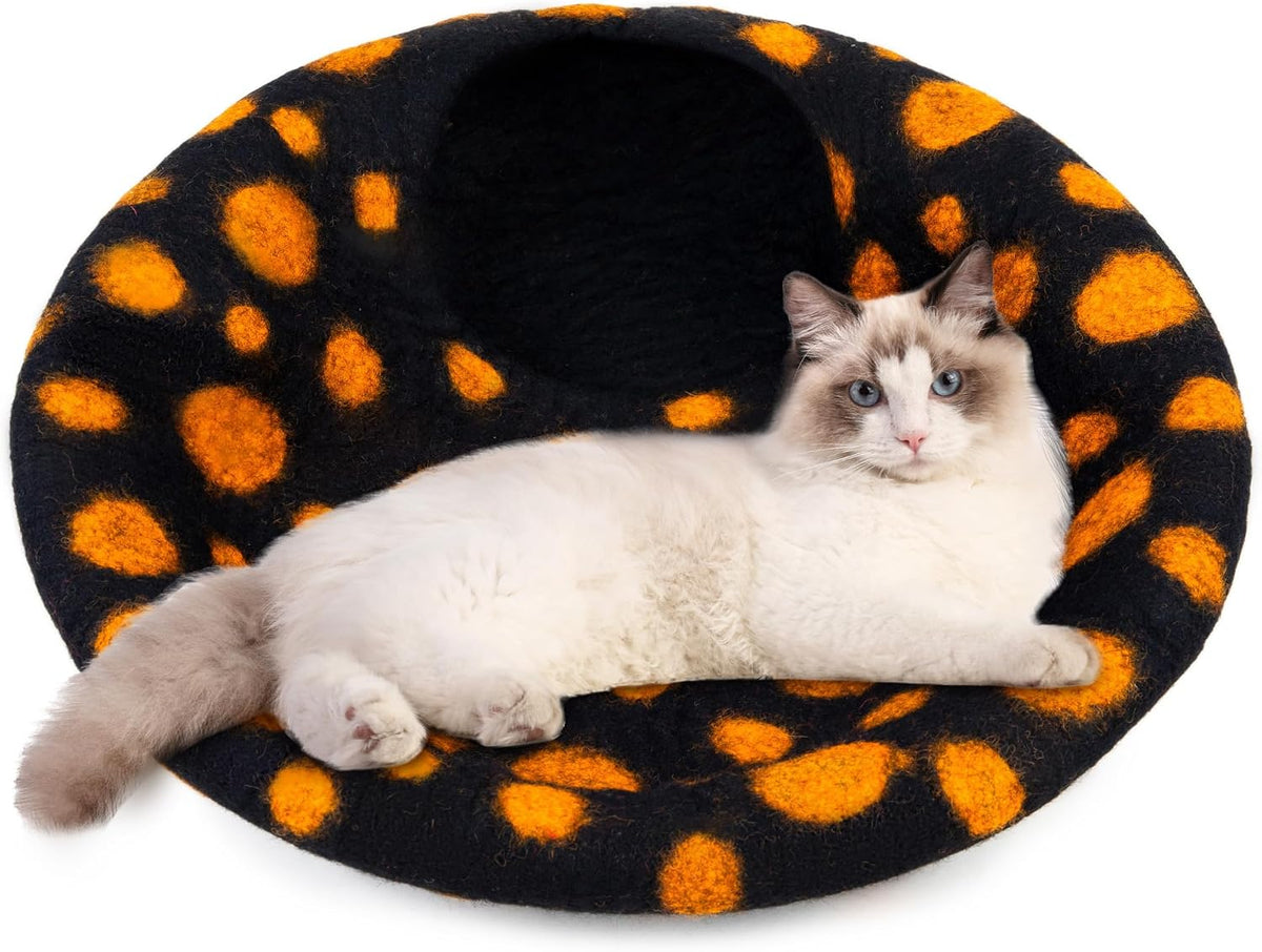 Woolygon Felt Cat Cave Bed, Merino Wool, Handcrafted – Essentials for Cats - Black Polka - image 2
