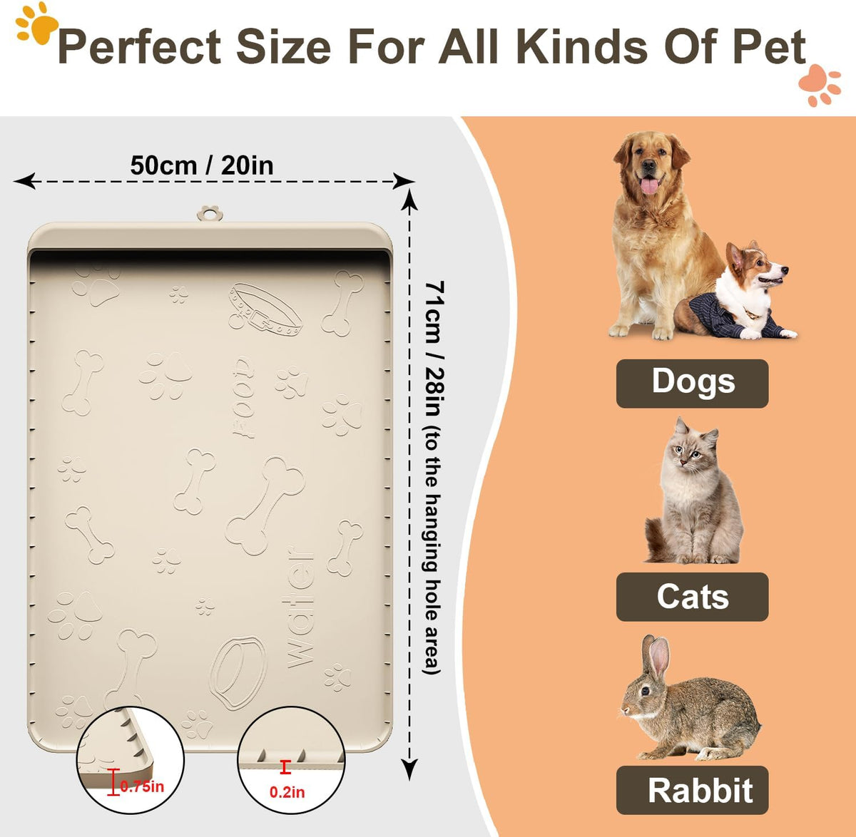 Dog Food Mat 36"x24" - Silicone Dog Mat for Food and Water Large Pet Feeding Mats with Residue - Sand / 28"L x 20"W - image 3