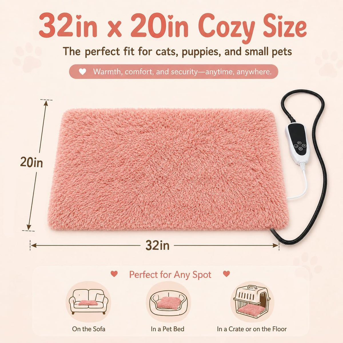 Pet Heating Pad for Cats with Normally Open Function - Pink Plush / 32.0"L x 20.0"W - image 2