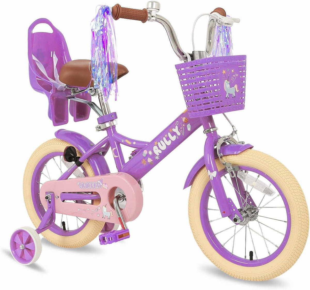 RULLY pink unicorn kids bike with training wheels, front basket, doll seat and streamers - view 7