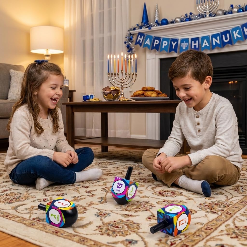 The Dreidel Company multi-colored hand painted wooden dreidels with Hebrew letters, 4-pack - view 10