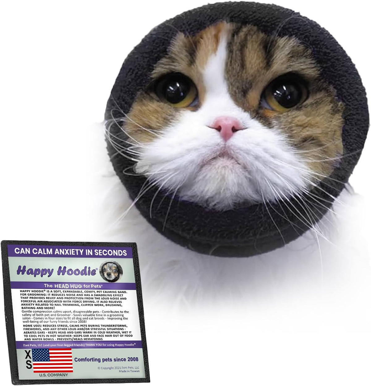 Happy Hoodie The Original Dog & Cat Calming Band for Noise & Anxiety - Extra Small / Black