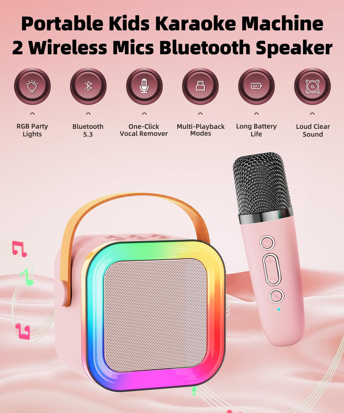 Mini Kids Karaoke Machine Ages 3-12 - Pink - 2 Mics - image 4