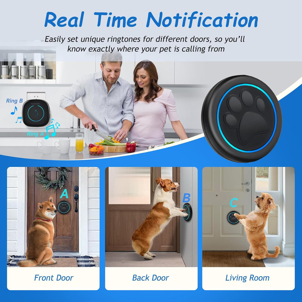 Soft Ring Blk Dog Bells to Go Outside-Dog Door Bell – Essentials for Dogs - 2 Receivers & 1 Bell - image 2