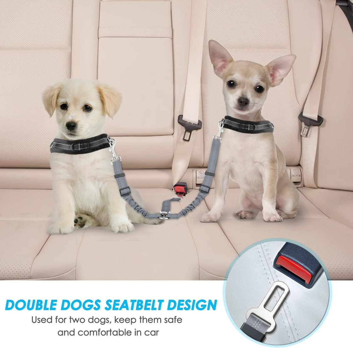 SlowTon Double Dog Seat Belt for Car with Elastic Bungee Buffer - G.Grey / 2 Small in 1 - image 2