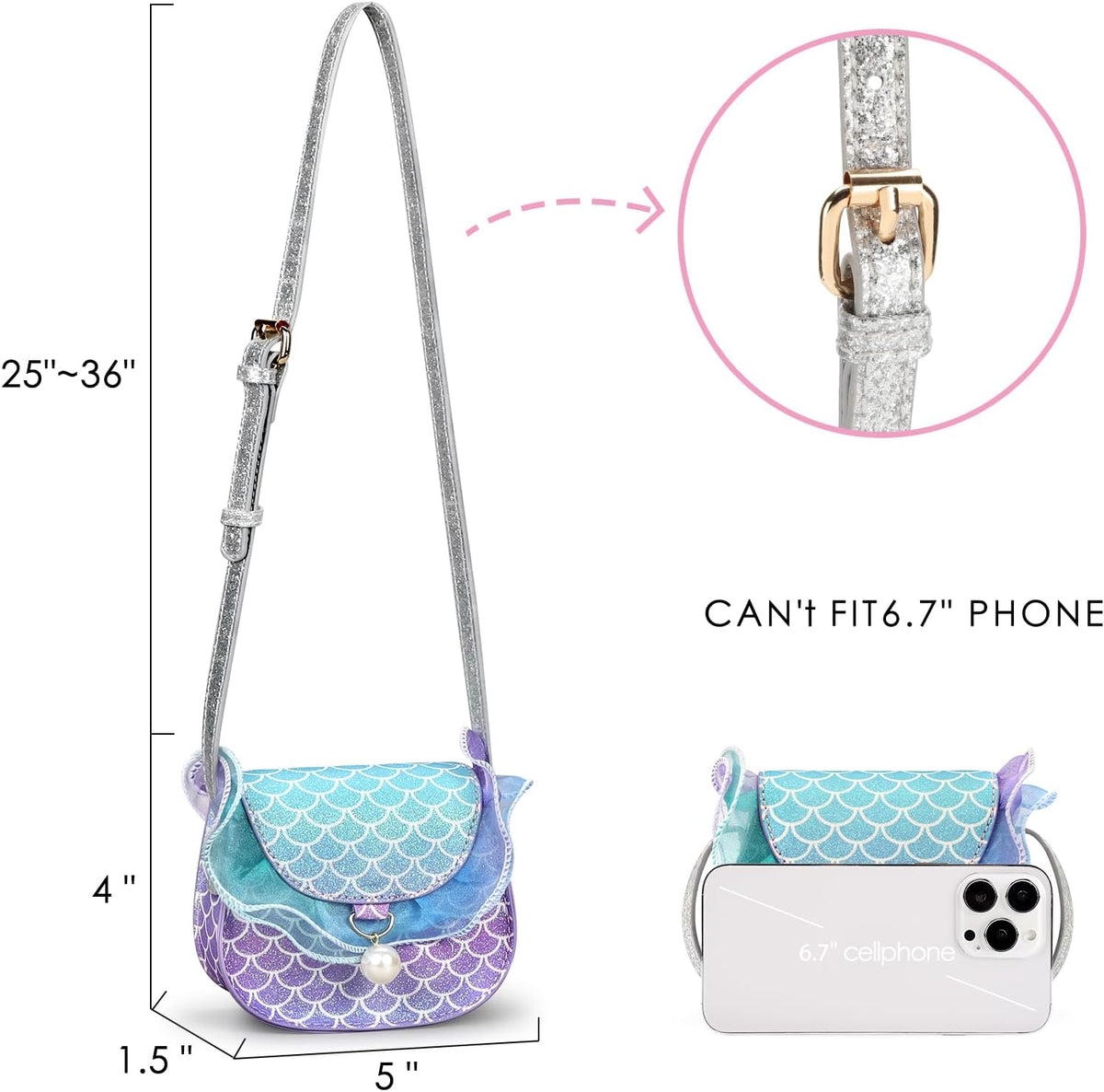 mibasies toddler purse for little girls in rainbow mermaid glitter with tassels and dress up jewelry - view 3