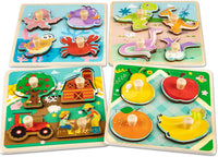 Wooden Toddler Puzzles - 4 Pcs Eco-Friendly Animal Patterns Jigsaw With Handles - Infant Kid Fine - Style A