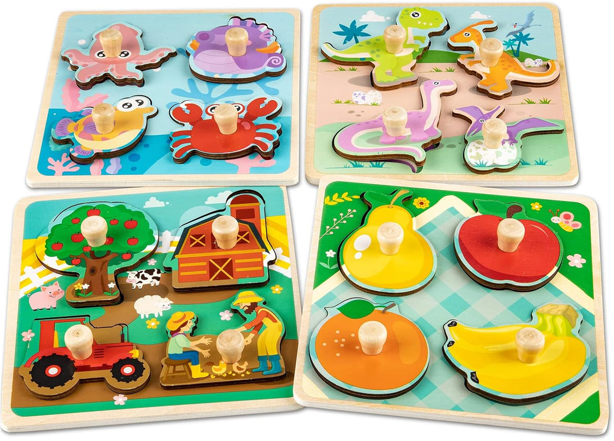 Wooden Toddler Puzzles - 4 Pcs Eco-Friendly Animal Patterns Jigsaw With Handles - Infant Kid Fine - Style A