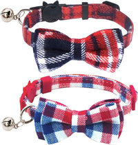 2 Pack/Set Cat Collar Breakaway with Cute Bow Tie and Bell for Kitty - Red+White / Plaid