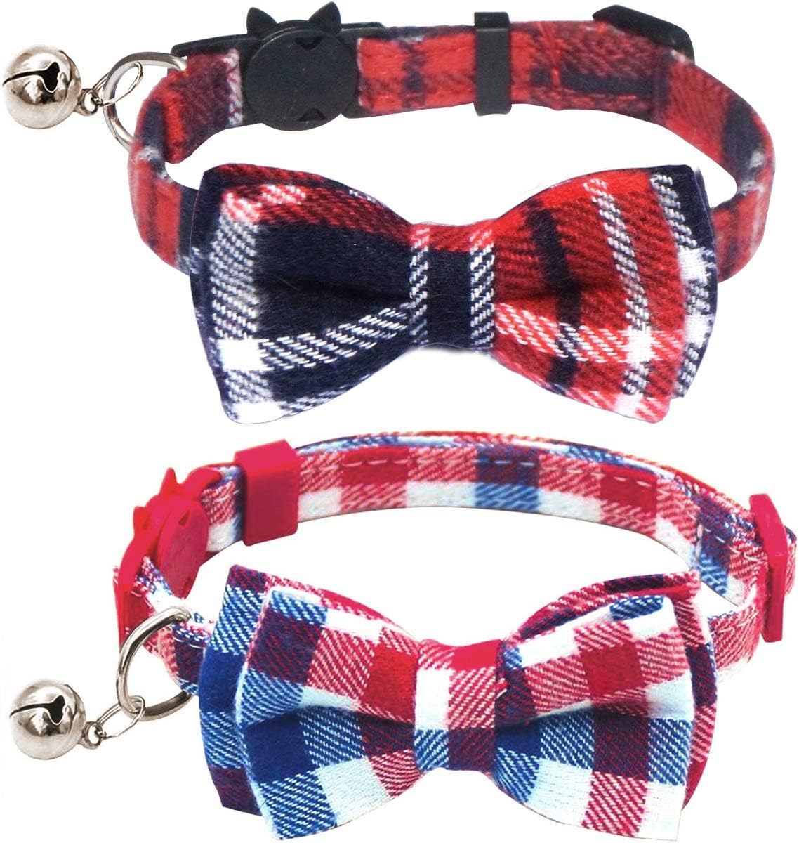 2 Pack/Set Cat Collar Breakaway with Cute Bow Tie and Bell for Kitty - Red+White / Plaid