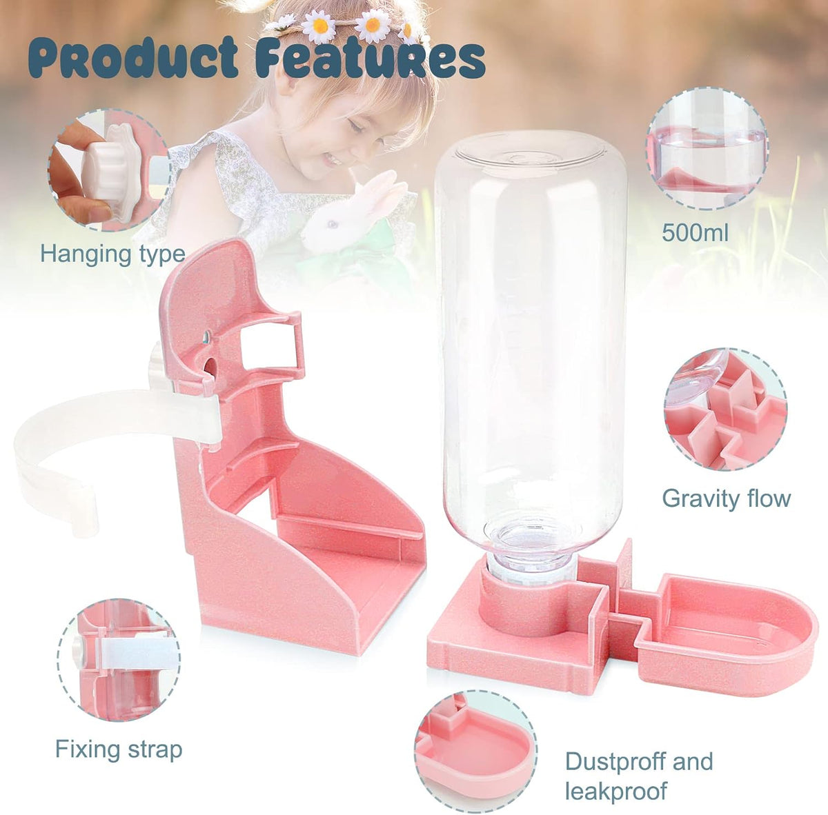 Rabbit Water Bottle No-Drip, Bunny Guinea Pig Water Dispenser – Essentials for Small Pets - Pink - image 4