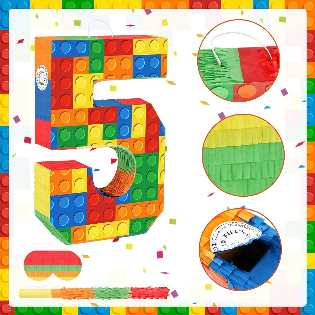 Lemicin 15.75 inch blue pinata stick kit with blindfold, rope and confetti - view 11