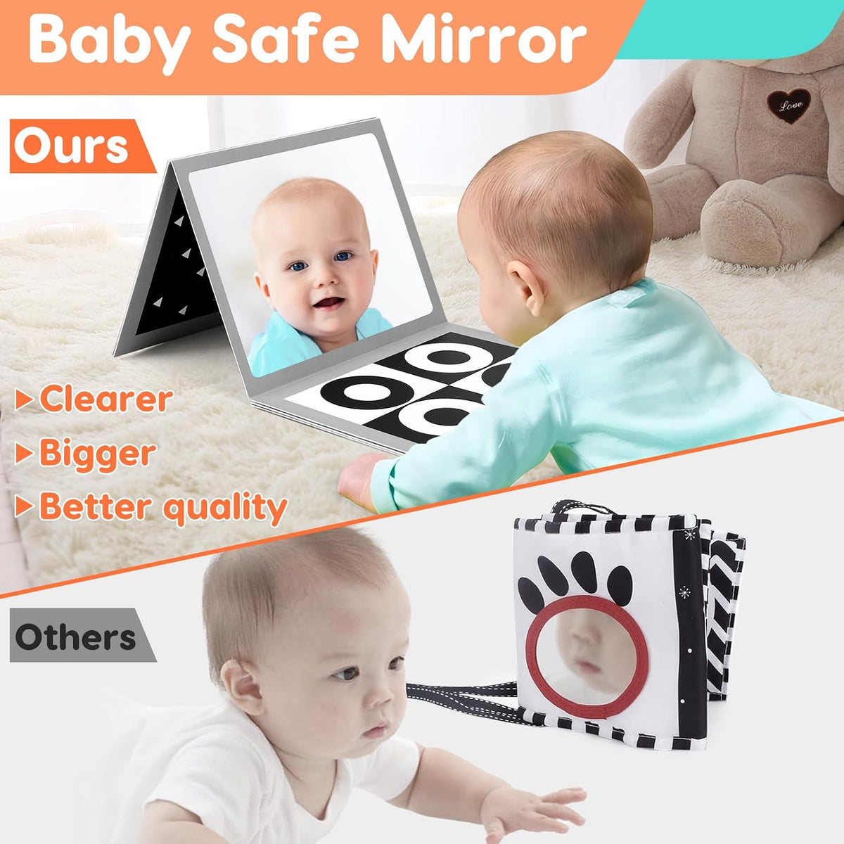 Black and White Baby Toys Tummy Time Mirror High Contrast Book Flash - image 2