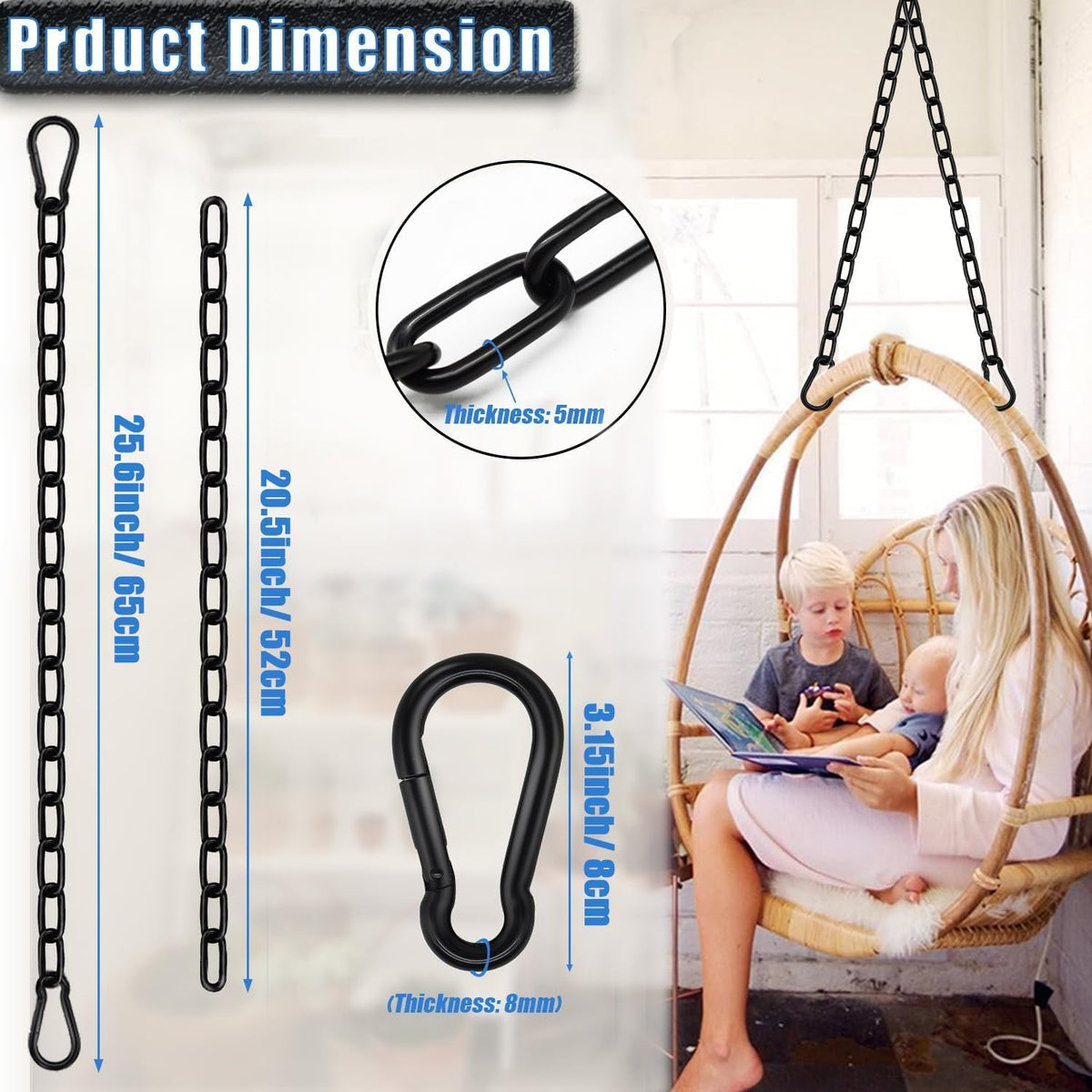 2 Pack Hanging Swing Chain with 4 Carabiners 25in, Swing Chairs - Black / 25in×1pcs - image 2