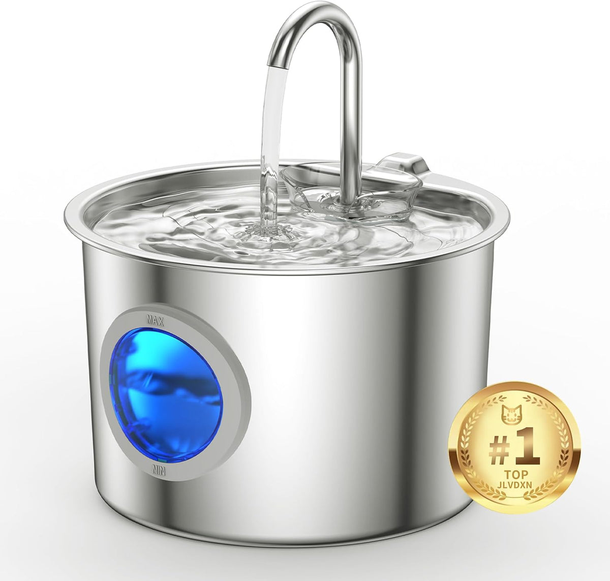 Stainless steel cat water fountain, 2.2L with water-level window and 3-stage filter