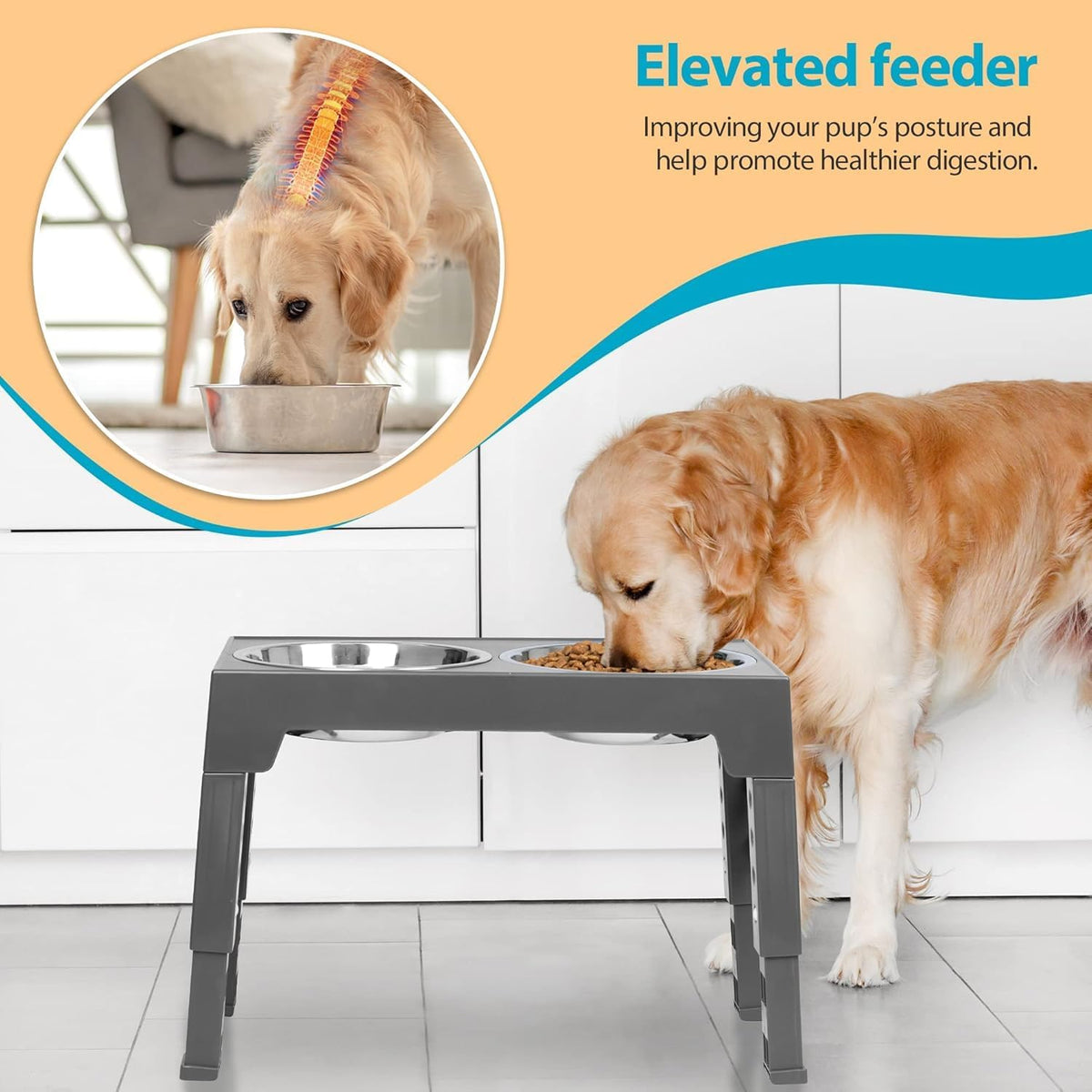 Elevated Dog Bowls with 2 Stainless Steel Dog Food Bowls - Grey / Round Bowls - image 4