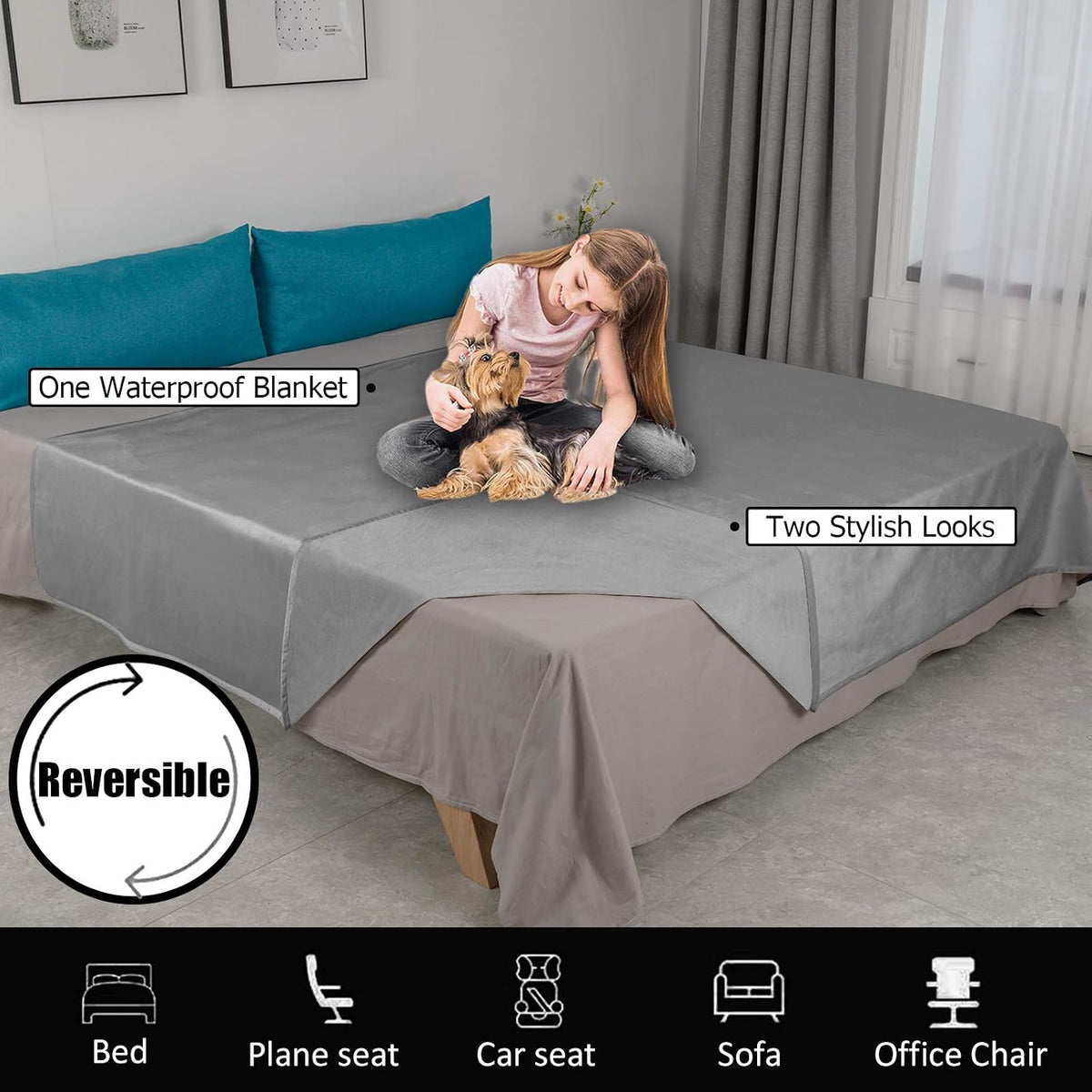 Ameritex Pet Bed Blanket Reversible 100% Waterproof Velvet Super Soft - 82x82 Inches / Light Grey+grey - image 2