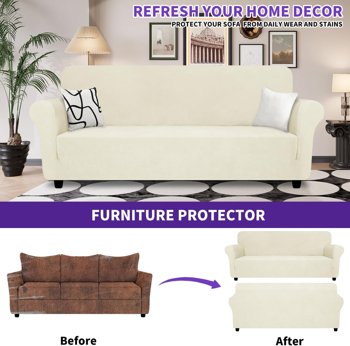Super Stretch Couch Cover Universal Sofa Covers with Elastic Bottom - - Beige / Large (72"-92") - image 3