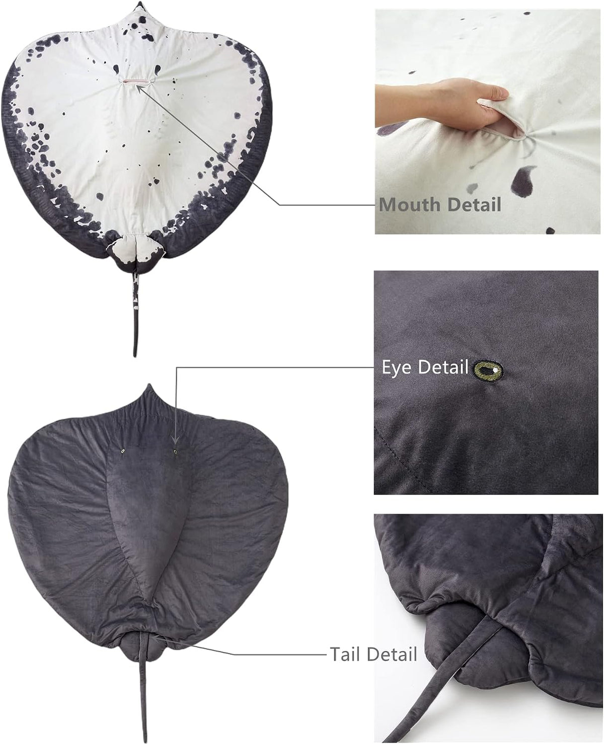 Furvana manta ray stuffed animal plush blanket with embroidered eyes and mouth pocket - view 3