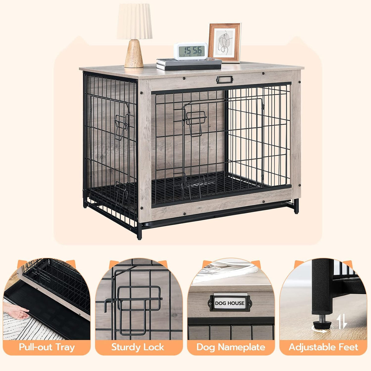 HOOBRO Dog Crate Furniture, 38.6" Large Dog Kennel Indoor - 31.5"L x 21.7"W x 25.4"H / Greige - image 3