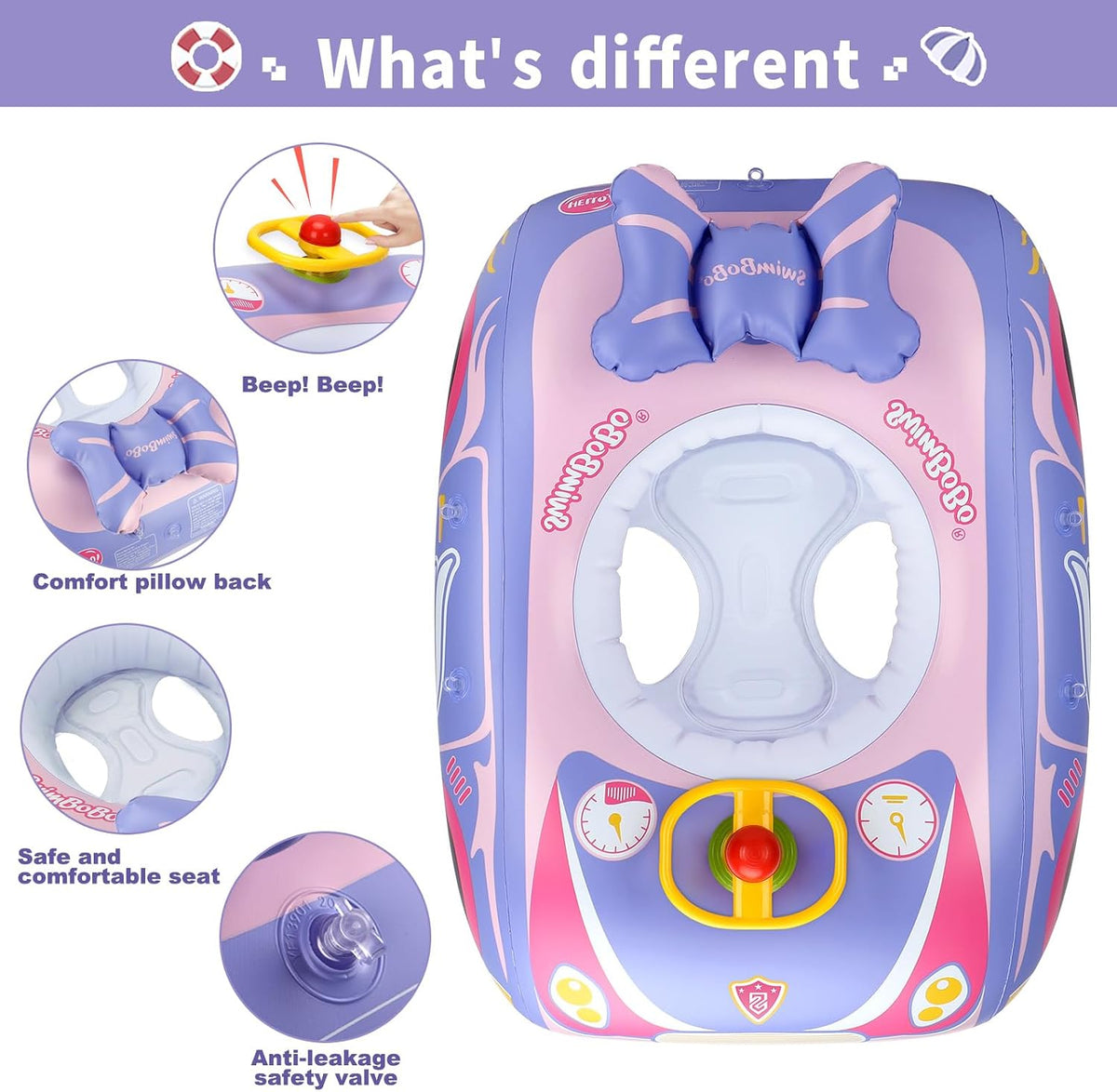 Toddler Float Inflatable Baby Swim Float with Canopy and Seat Pool - Purple Car with Steering Wheel - image 3