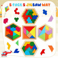 Jerify 5 pack wooden tangram puzzle for kids with colorful geometric blocks - view 3