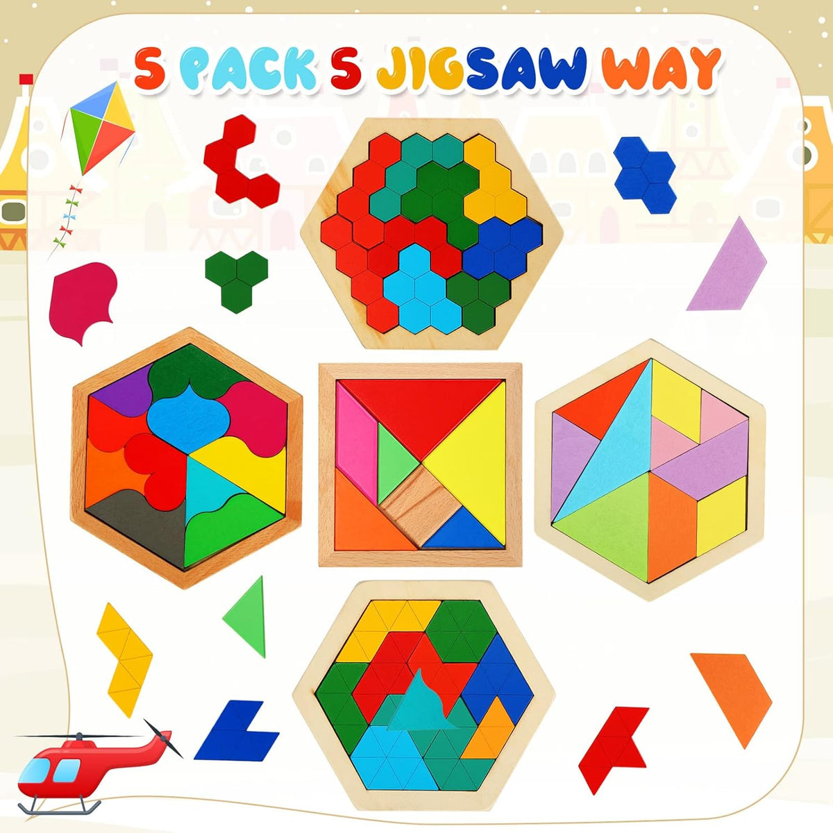 Jerify 5 pack wooden tangram puzzle for kids with colorful geometric blocks - view 3
