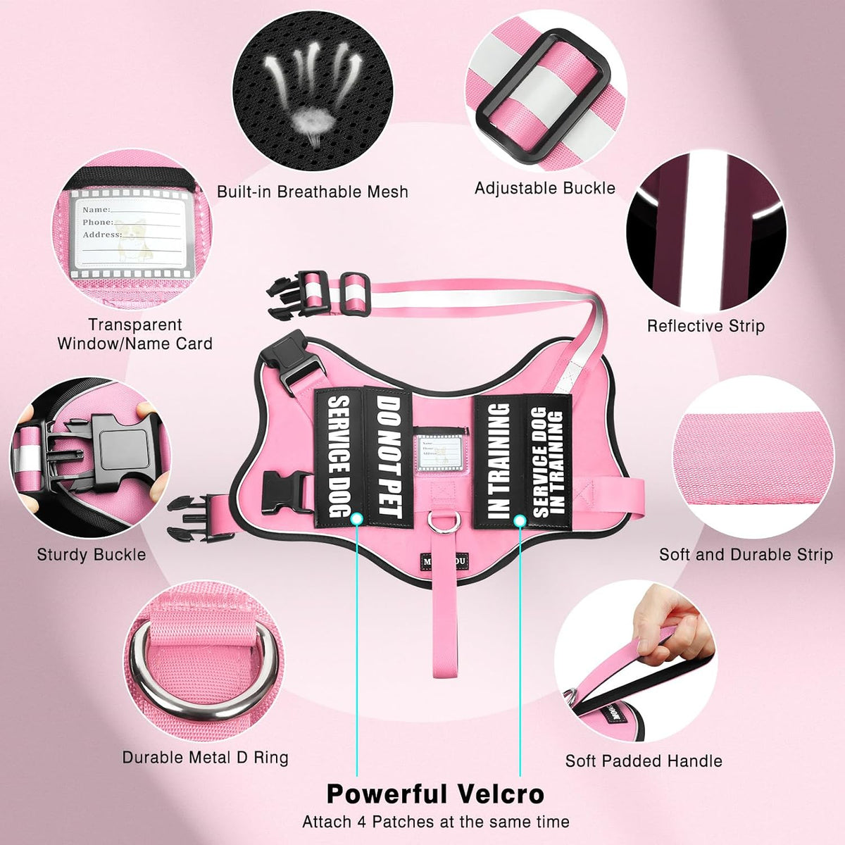Service Dog Vest Harness and Leash Set+10 Patches - Medium / Pink - image 2