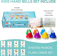 TantivyBo rainbow desk bells for kids, eight color-coded hand bells with songbook - view 2