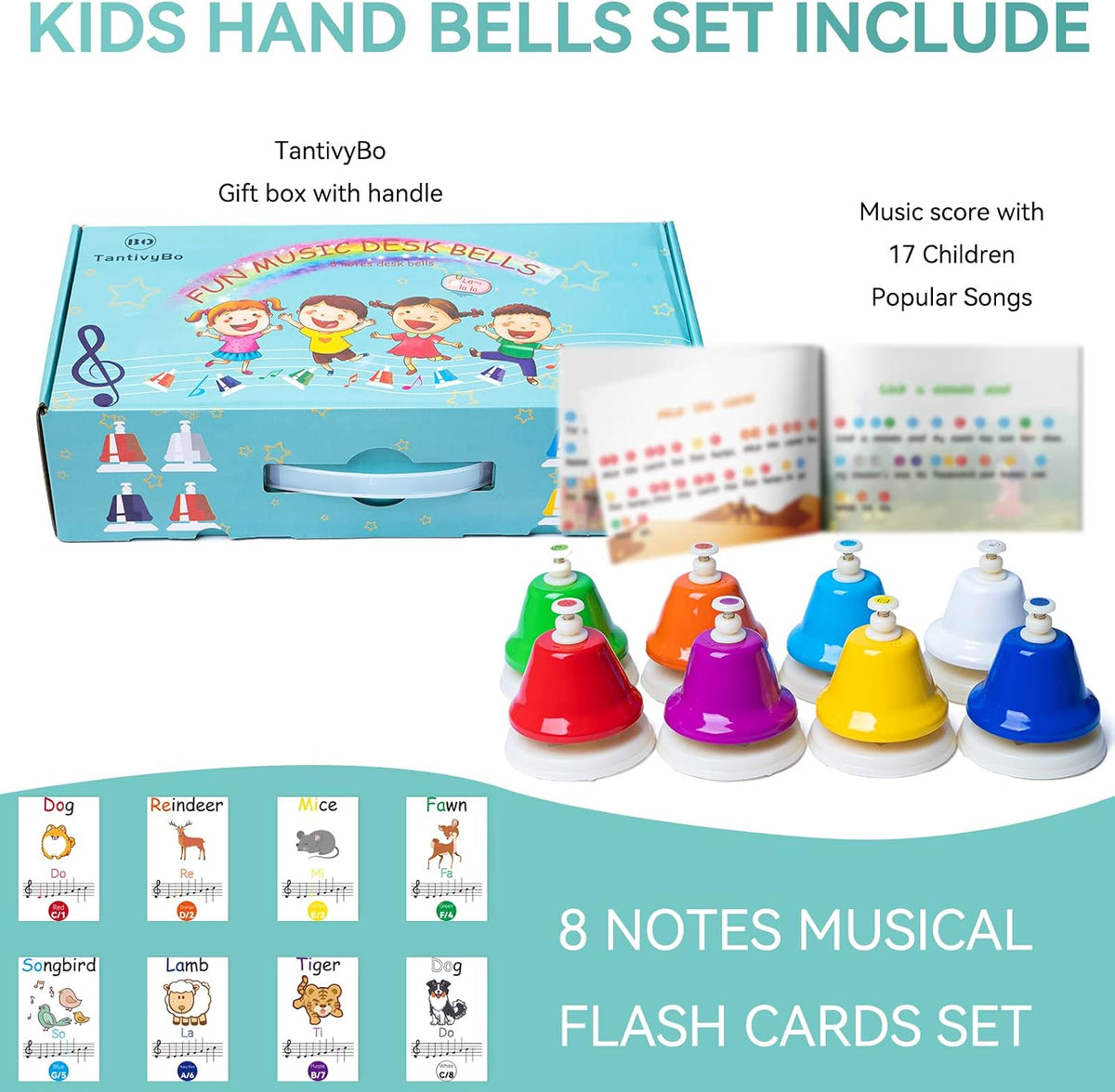 TantivyBo rainbow desk bells for kids, eight color-coded hand bells with songbook - view 2