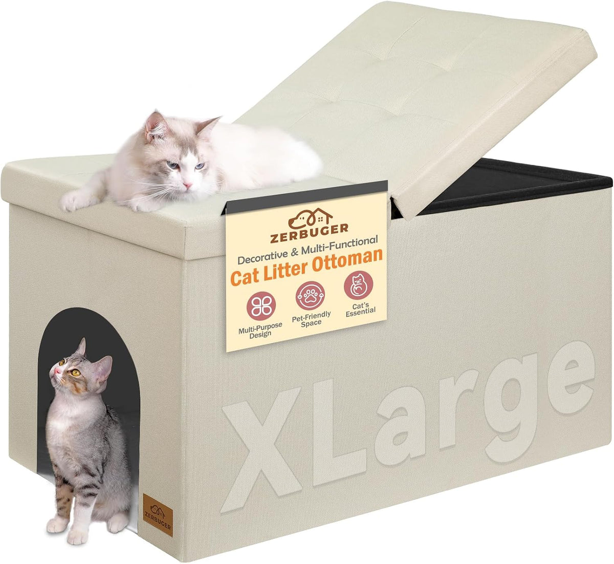 Zerbuger Cat Litter Box Enclosure Furniture for Odor Control – Essentials for Cats - Cream / X-Large