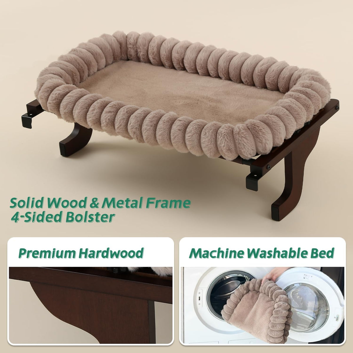 Zakkart SnugCloud Cat Perch for Windowsill – Essentials for Cats - Dark Stained Wood w/ Brown Bed / Large (25"x15") - image 4