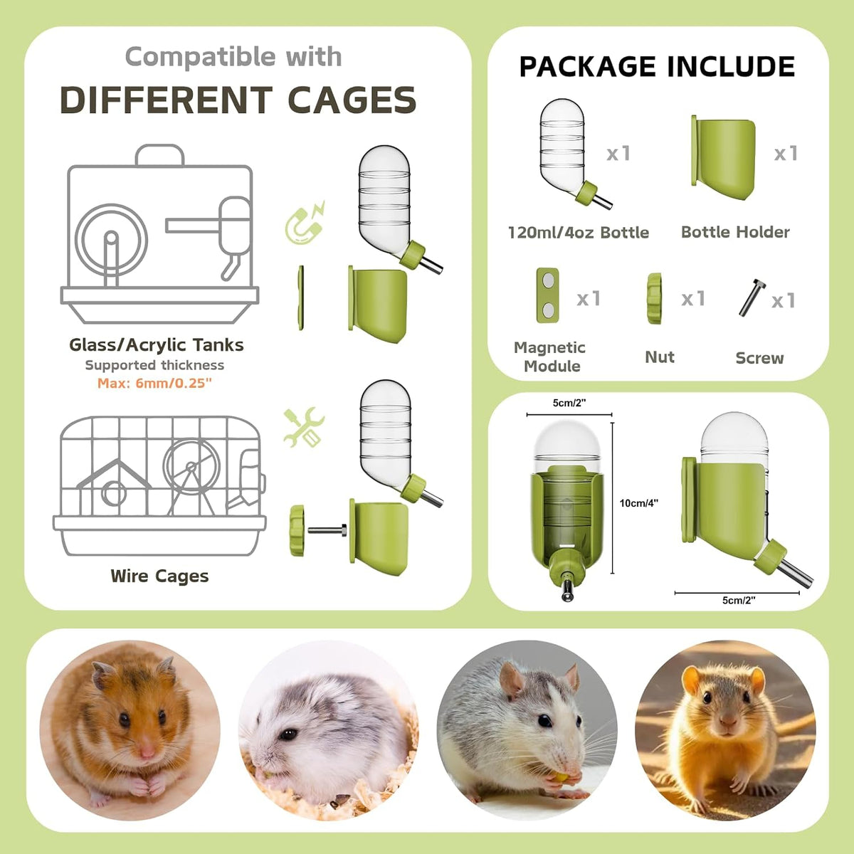 Hamster Water Bottle with Magnetic Holder - Green / 4 oz (Magnetic-Mounted) - image 3