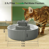 Ceramic Cat Water Fountain, 2.1L/70oz Porcelain Pet Drinking Dispenser with 4 Set Replacement Filter & Sponge, Automatic Dog Water Bowl with Ultra-Quiet Pump, Cat Feeding Watering Supplies(Grey)