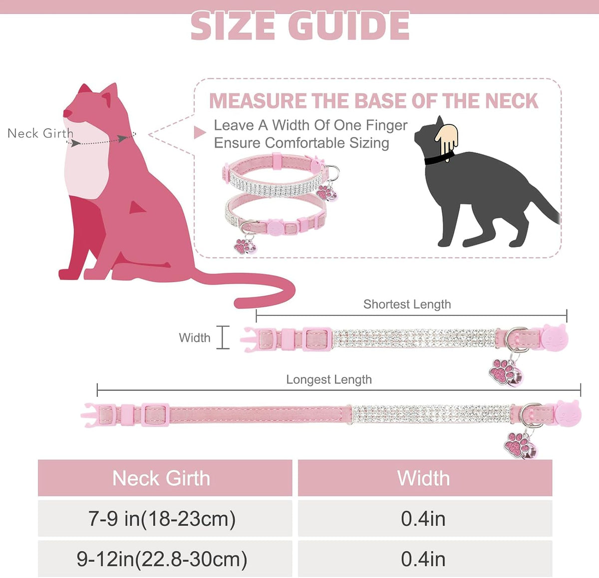 2 Pack Soft Velvet Safe Bling Diamond Cat Collars with Bells – Essentials for Cats - Pink / 9"-12" Cats / Mini Dogs - image 2
